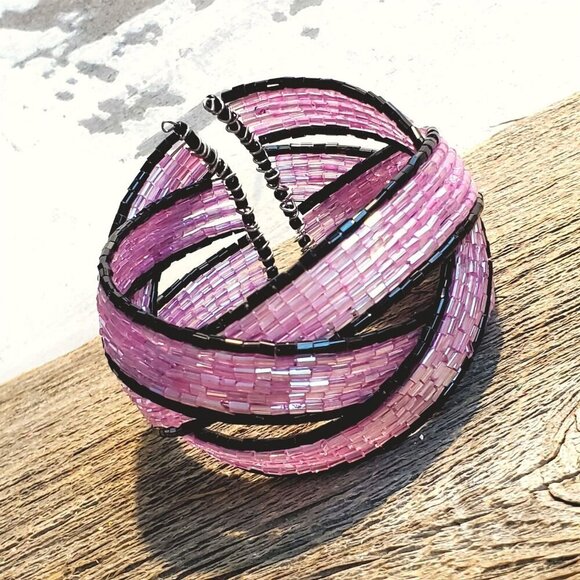 Pink Black Vintage Y2K 90s Striped Pretzel Memory Wire Cuff Bracelet Barbie Core - Picture 3 of 8